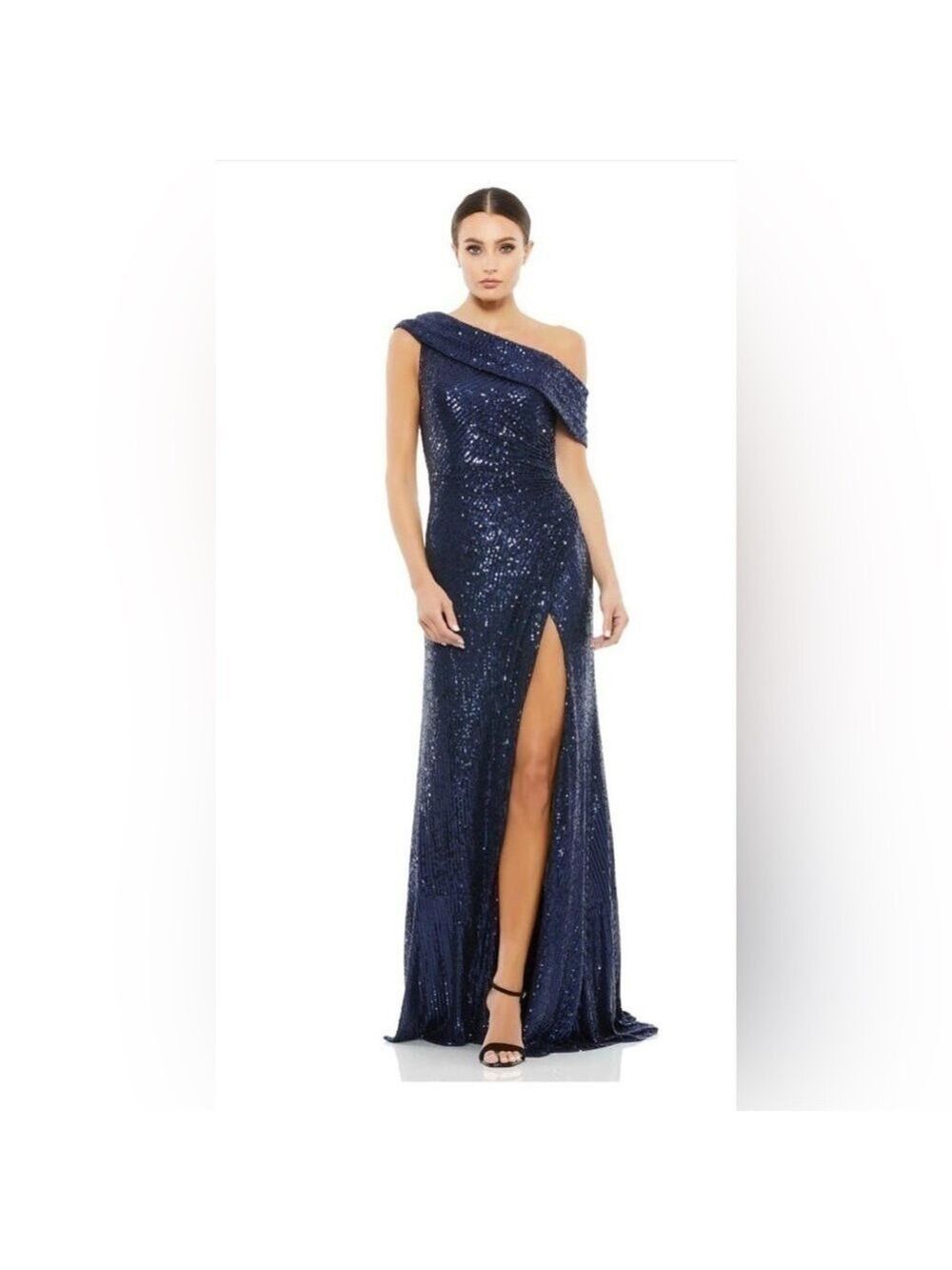 Nwt Ieena for Mac Duggal One Shoulder Ruched Sequined Gown in Midnight